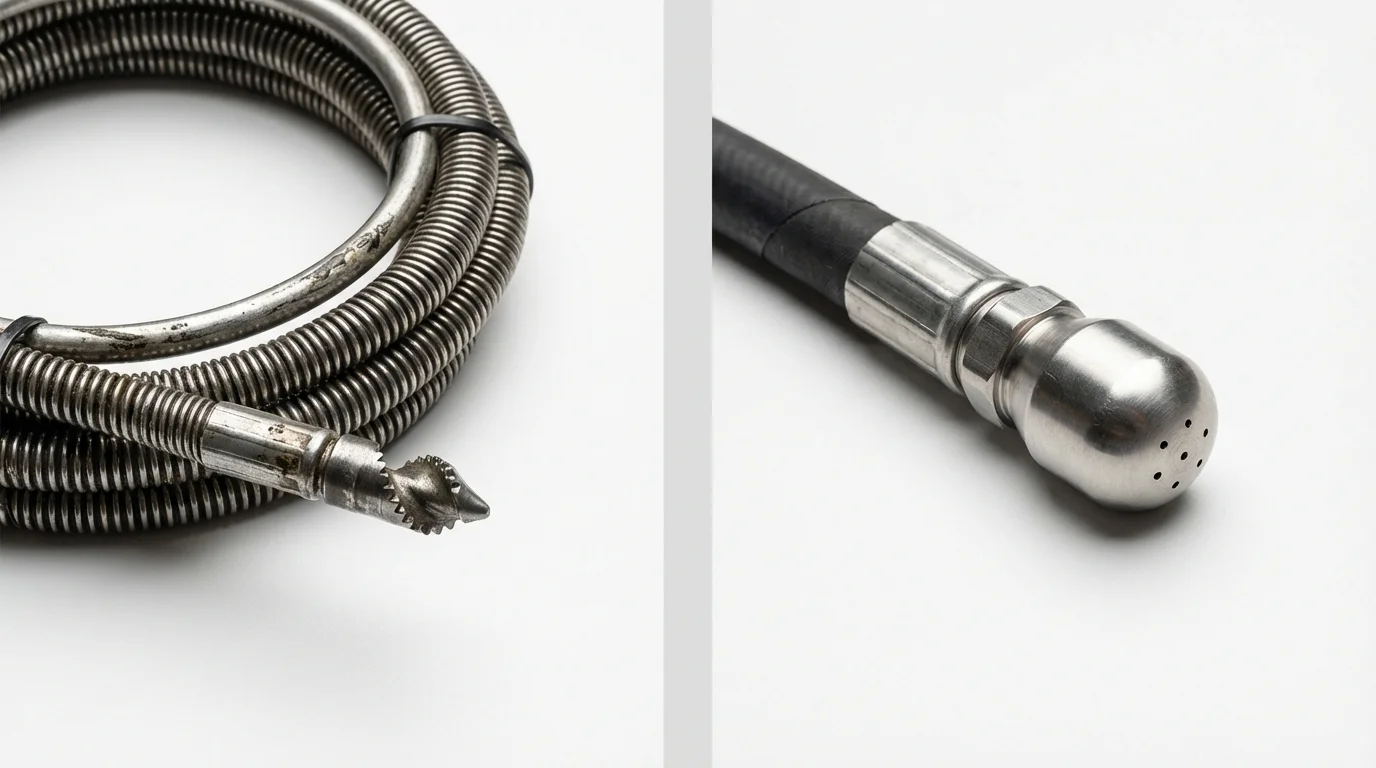 Drain snake cable and hydro jetting nozzle used for drain cleaning in Lewiston, NY