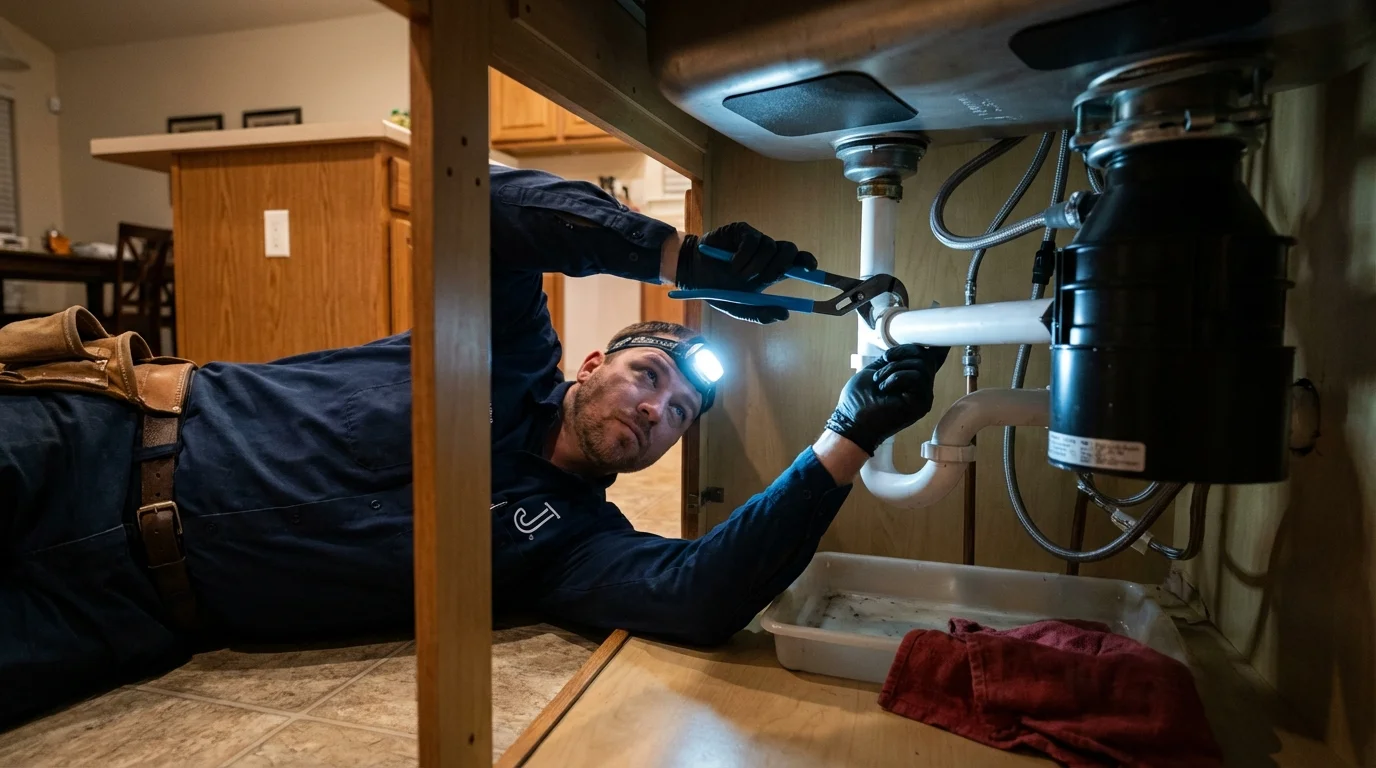 P-trap and supply line connections under a kitchen sink showing a common leak point in Lewiston, NY